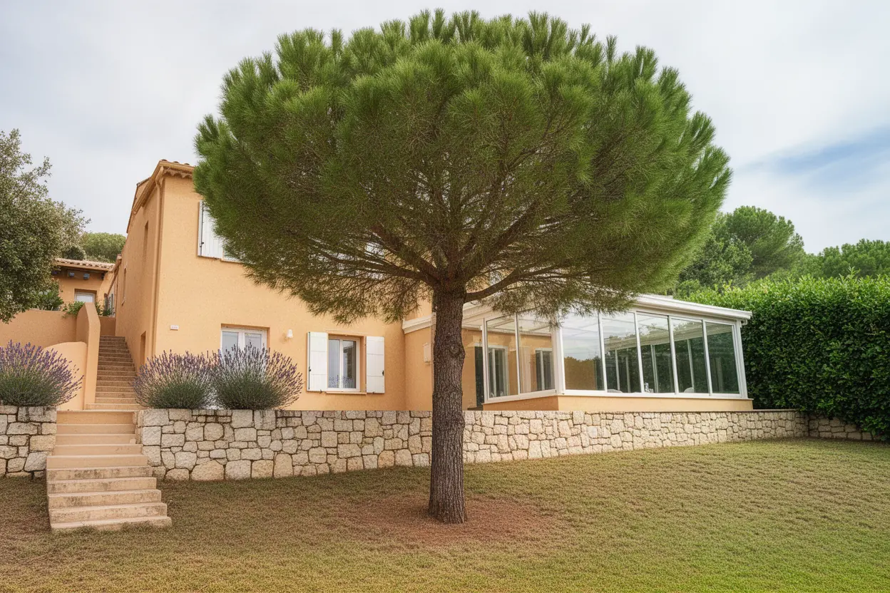 Pin incliné au-dessus d'une véranda à La Valette-du-Var
