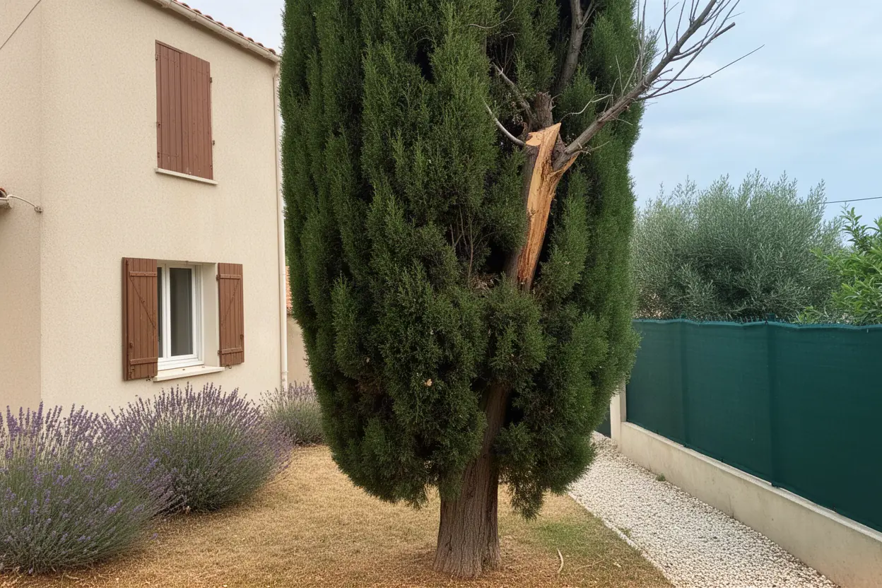 Cyprès fissuré avant démontage à La Seyne-sur-Mer