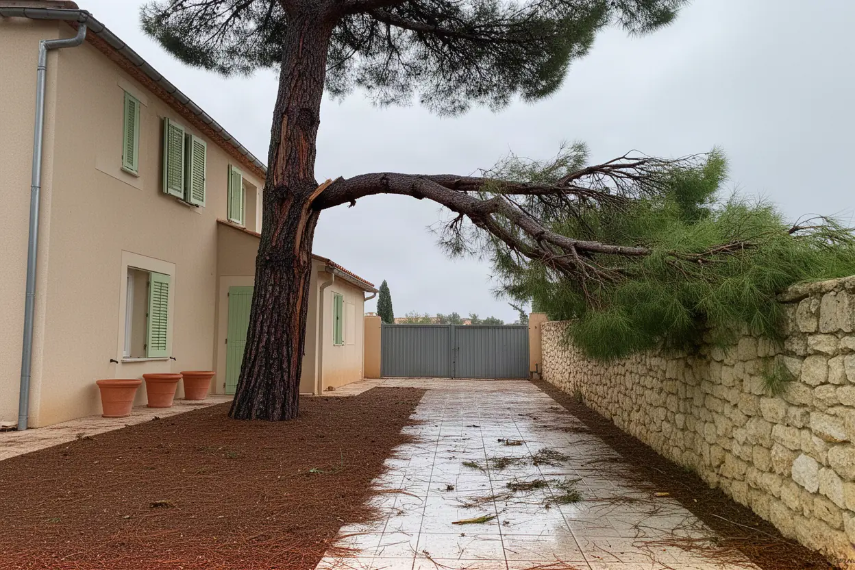 Branche de pin fendue après mistral à La Garde
