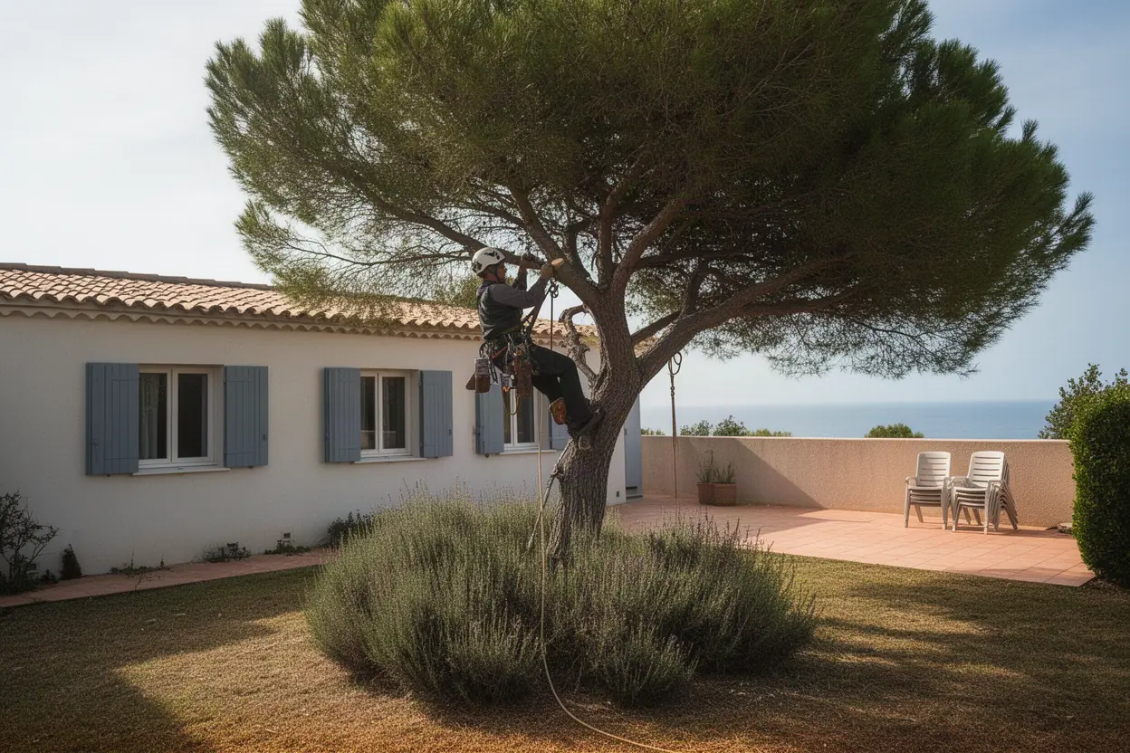 Élagueur taillant un pin adulte à Costebelle Hyères