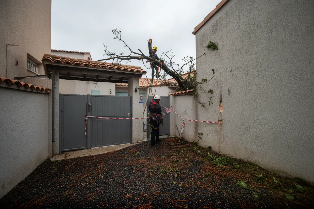 Élagueur sécurisant une branche après mistral à Giens Hyères